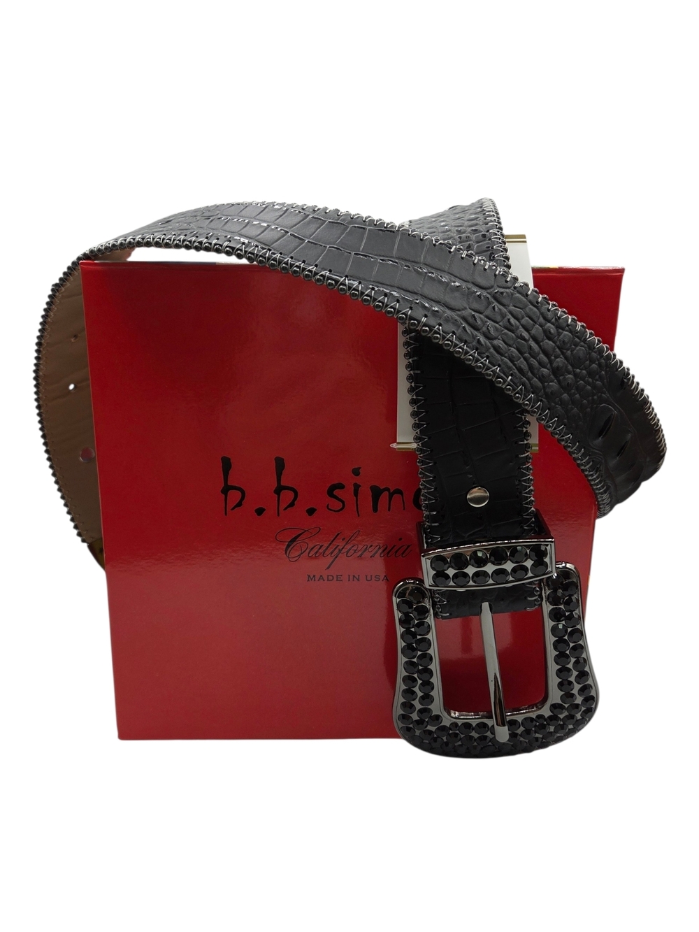 b.b. simon Black Croc-Embossed Leather Belt with Studded Buckle